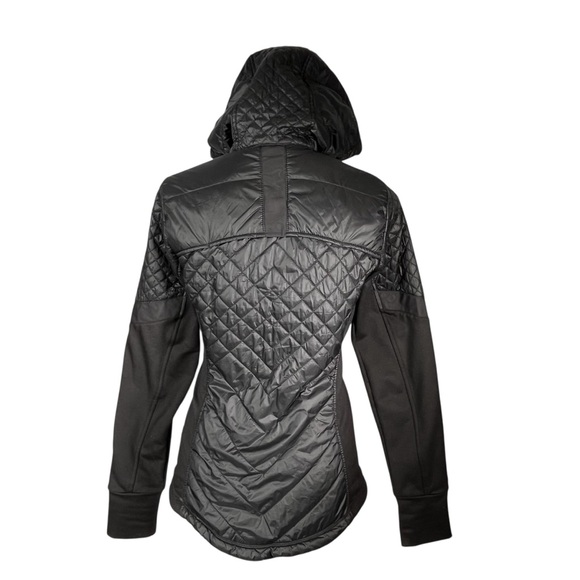 Athleta Black Jacket Quilted Hoodie Zip Front Running Soft Shell Thumb Holes - Picture 3 of 12